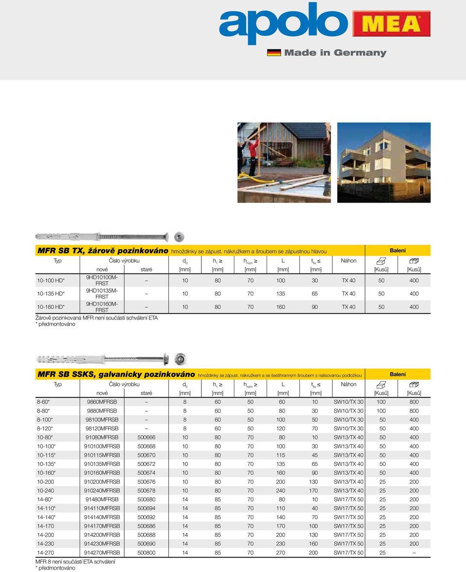 40 50 400 Žárově pozinkovaná MFR není součástí schválení ETA MFR SB SSKS, galvanicky pozinkováno hmoždinky se zápust.