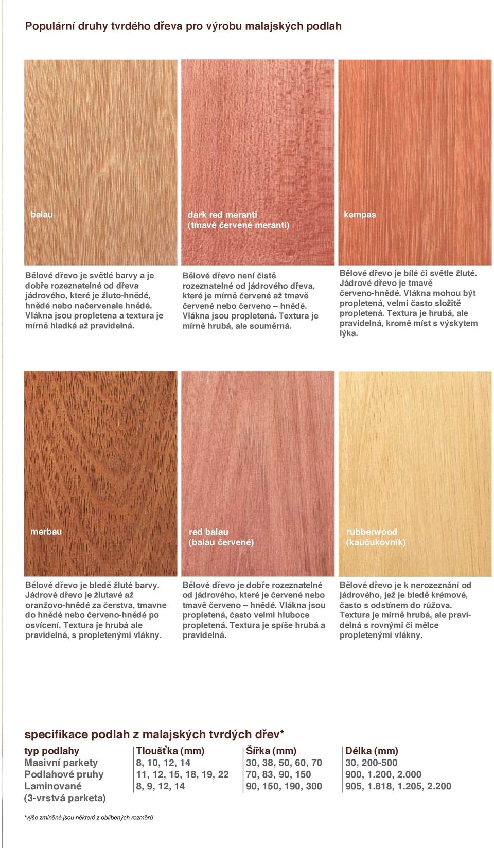 Bělové dřevo není čistě rozeznatelné od jádrového dřeva, které je mírně červené až tmavě červené nebo červeno hnědé. Vlákna jsou propletená. Textura je mírně hrubá, ale souměrná.