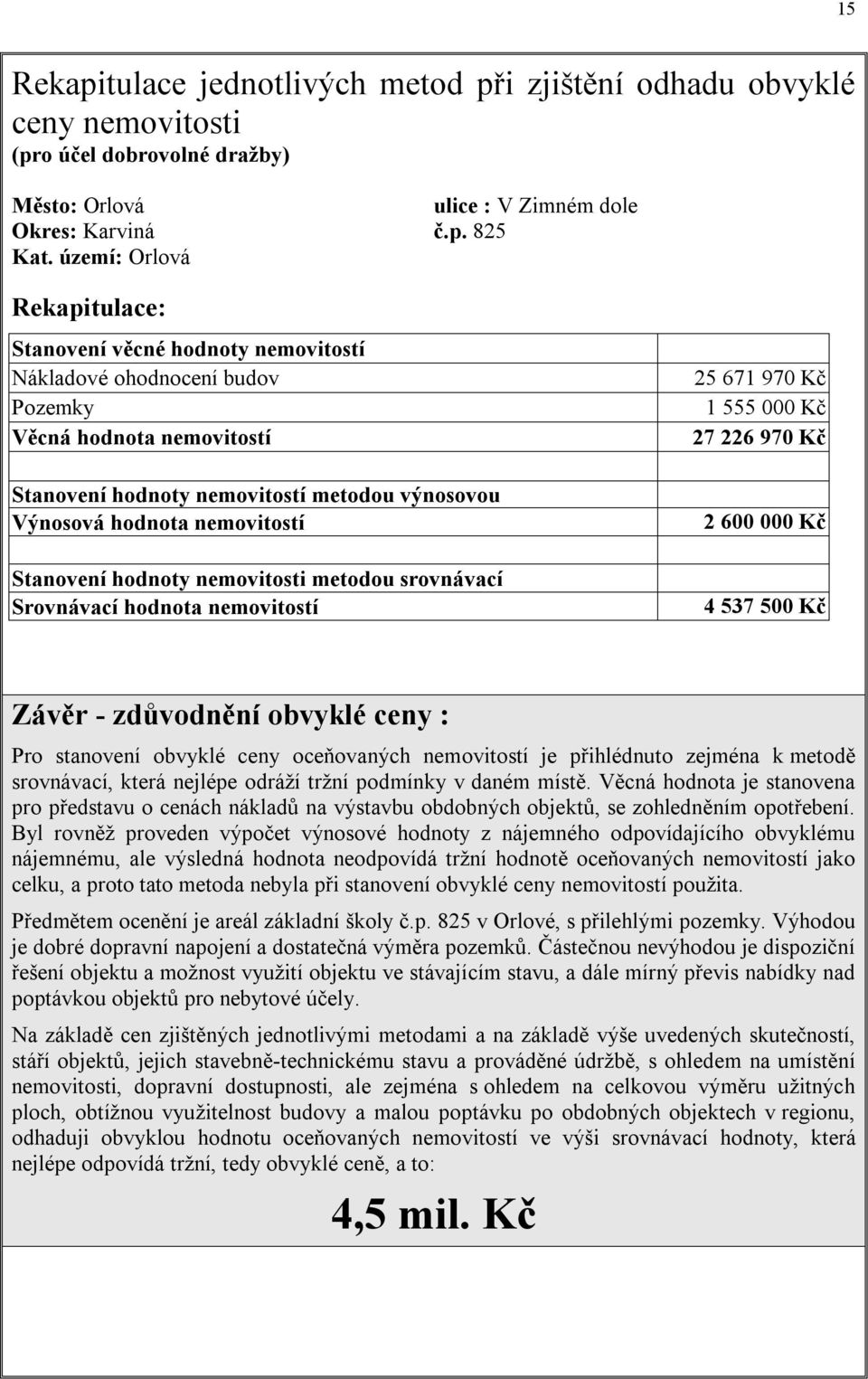 nemovitostí Stanovení hodnoty nemovitosti metodou srovnávací Srovnávací hodnota nemovitostí 25 671 970 Kč 1 555 000 Kč 27 226 970 Kč 2 600 000 Kč 4 537 500 Kč Závěr - zdůvodnění obvyklé ceny : Pro