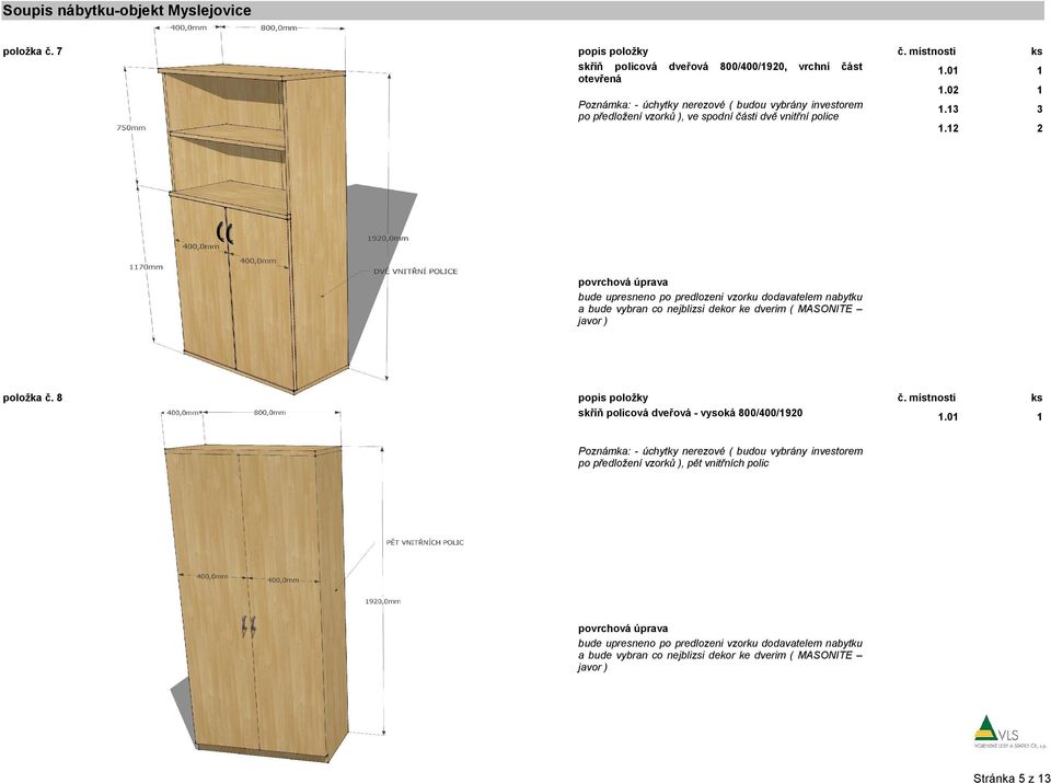 budou vybrány investorem po předložení vzorků ), ve spodní části dvě vnitřní police.0.02.3 3.