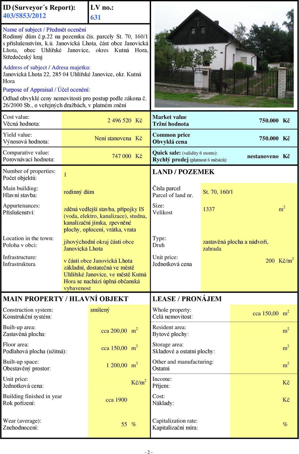 Kutná Hora Purpose of Appraisal / Účel ocenění: Odhad obvyklé ceny nemovitostí pro postup podle zákona č. 26/2000 Sb.