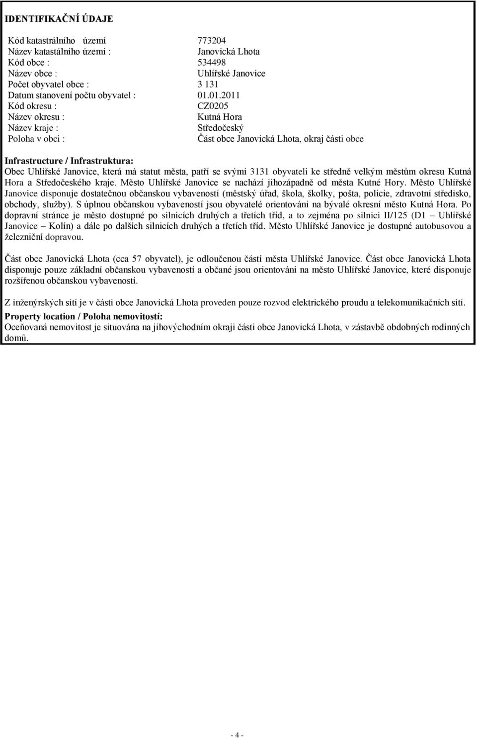 01.2011 01.01.201 Kód okresu : CZ0205 CZ0203 Název okresu : Kutná Hora Kladno Název kraje : Středočeský Středočes Poloha v obci : Část obce Janovická Lhota, okraj části obce obytná zó Infrastructure