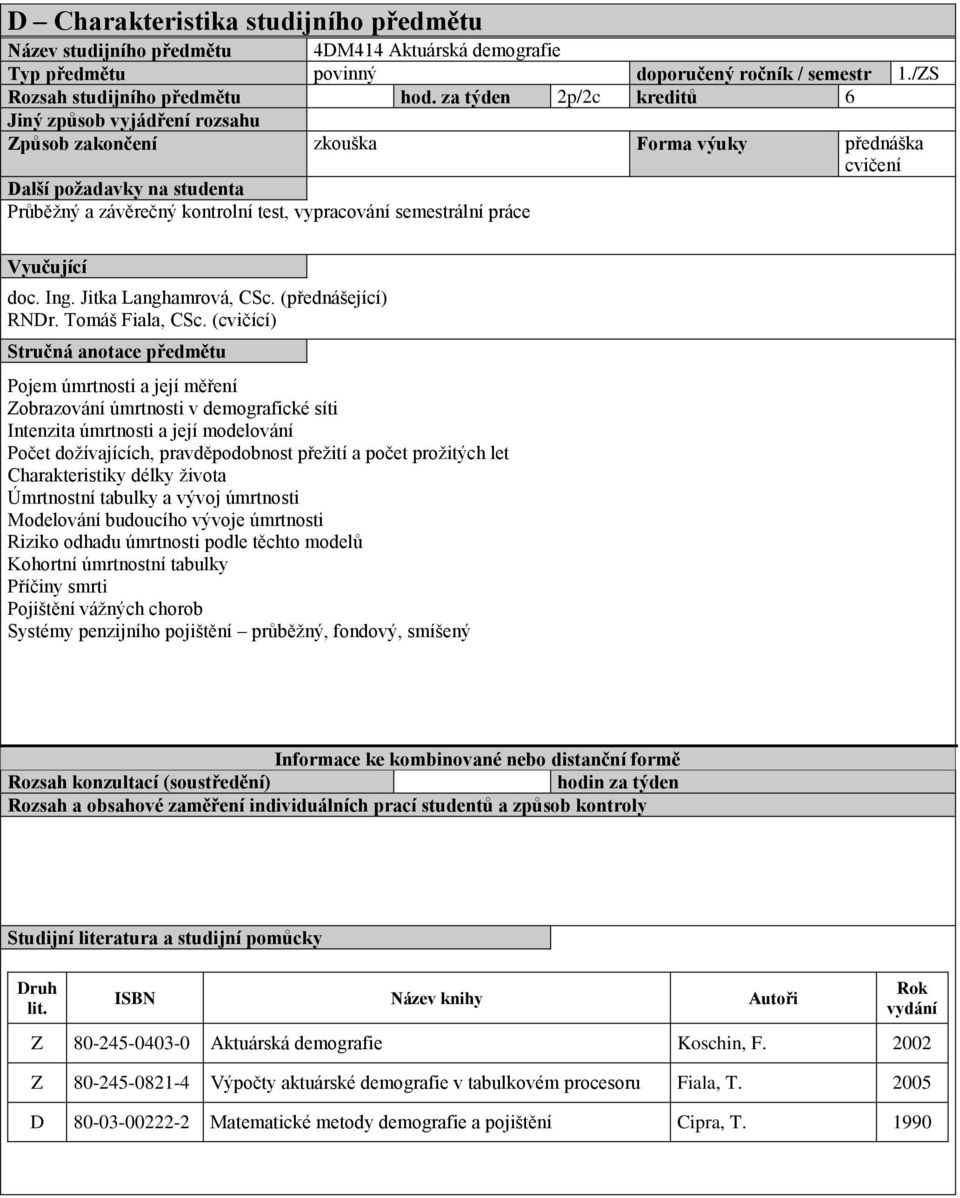 práce Vyučující doc. Ing. Jitka Langhamrová, CSc. (přednášející) RNDr. Tomáš Fiala, CSc.