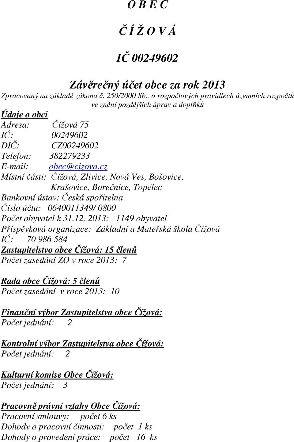 cz Místní části: Čížová, Zlivice, Nová Ves, Bošovice, Krašovice, Borečnice, Topělec Bankovní ústav: Česká spořitelna Číslo účtu: 0640011349/ 0800 Počet obyvatel k 31.12.