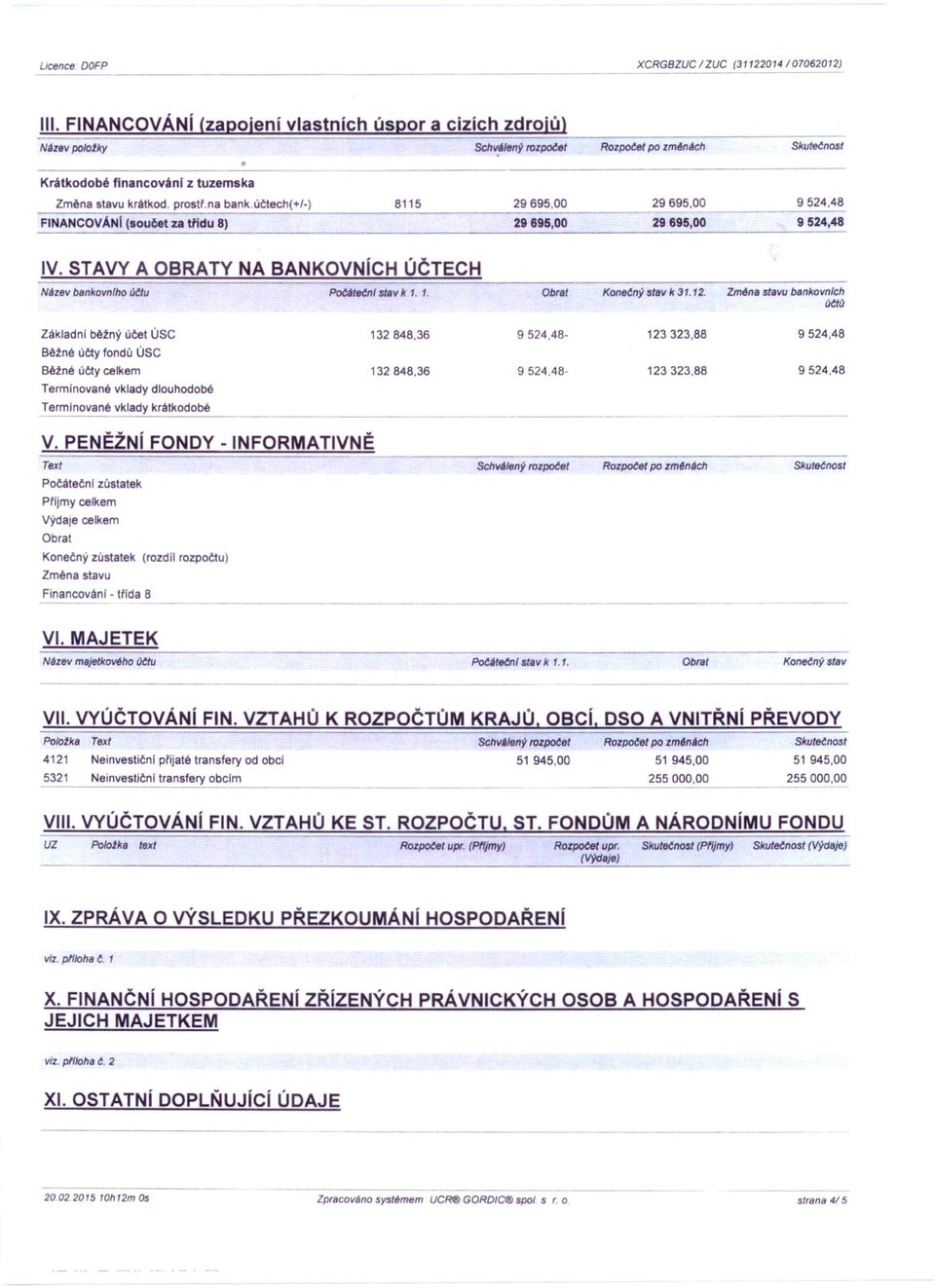 účtech(+/-) 8115 29695,00 29695,00 9524,48 FINANCOVÁNI (součet za třídu 8) 29695,00 29695,00 9524,48 IV_ STAVY A OBRATY NA BANKOVNíCH ÚČTECH Název benkovnlho účtu Pocatečnl stav k 1.