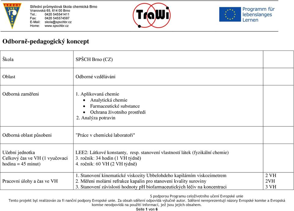 Analýza potravin Odborná oblast působení "Práce v chemické laboratoři" Učební jednotka Celkový čas ve VH (1 vyučovací hodina = 45 minut) Pracovní úlohy a čas ve VH LEE2: Látkové