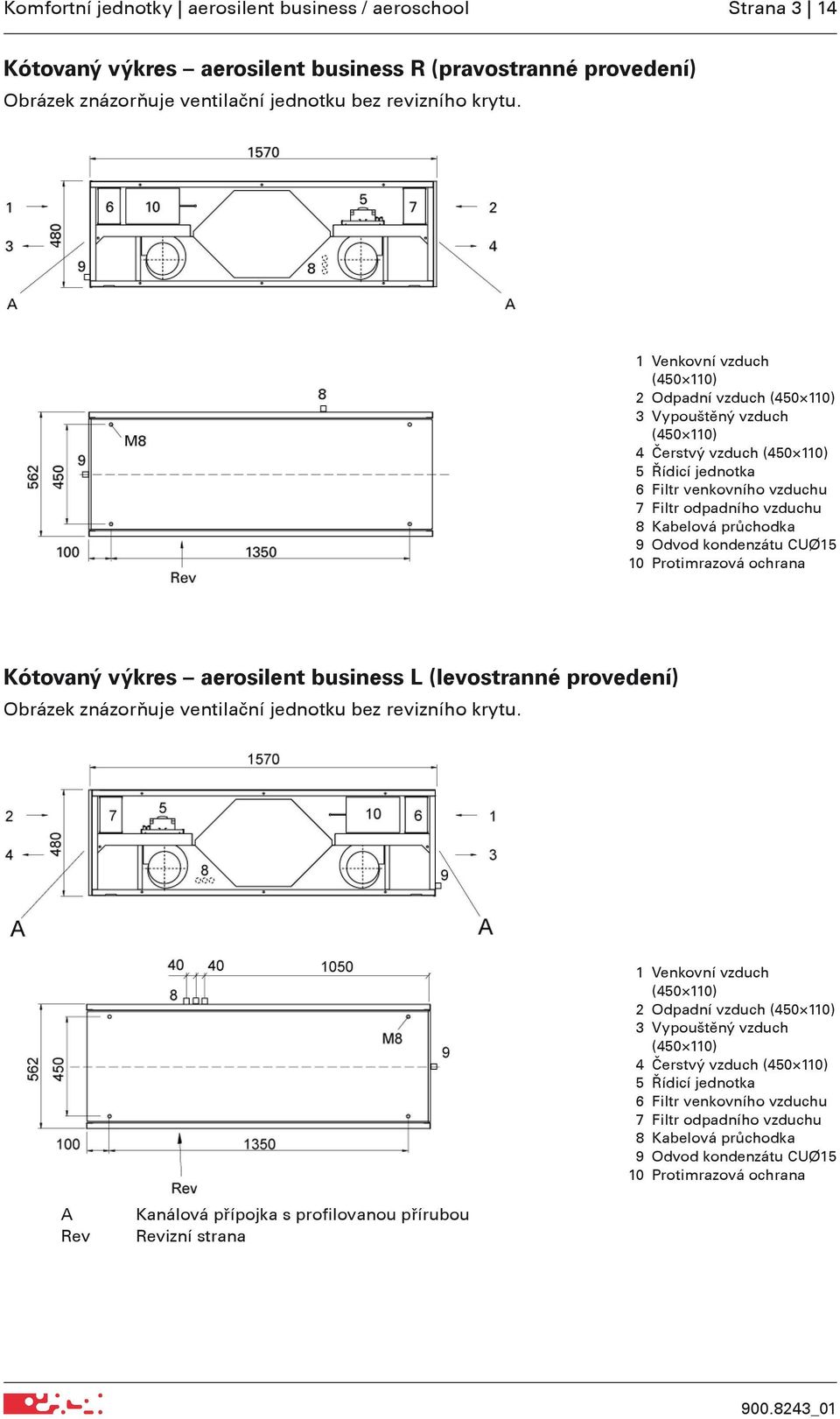 průchodka 9 Odvod kondenzátu CUØ15 10 Protimrazová ochrana Kótovaný výkres aerosilent business L (levostranné provedení) Obrázek znázorňuje ventilační jednotku bez revizního krytu.