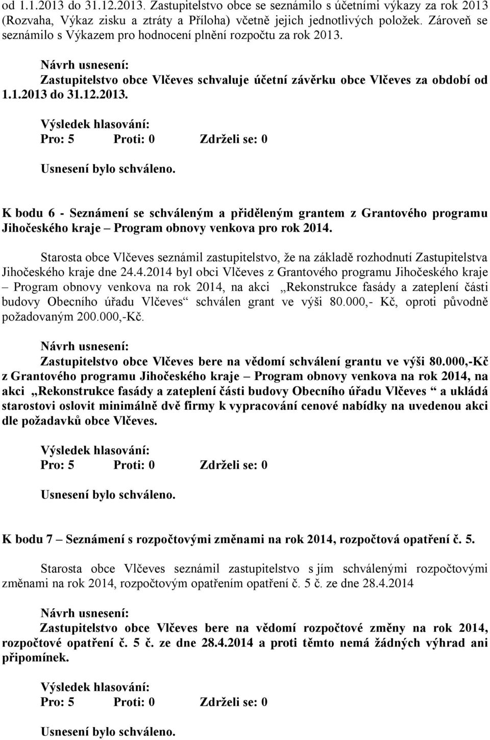 Zastupitelstvo obce Vlčeves schvaluje účetní závěrku obce Vlčeves za období od 1.1.2013 