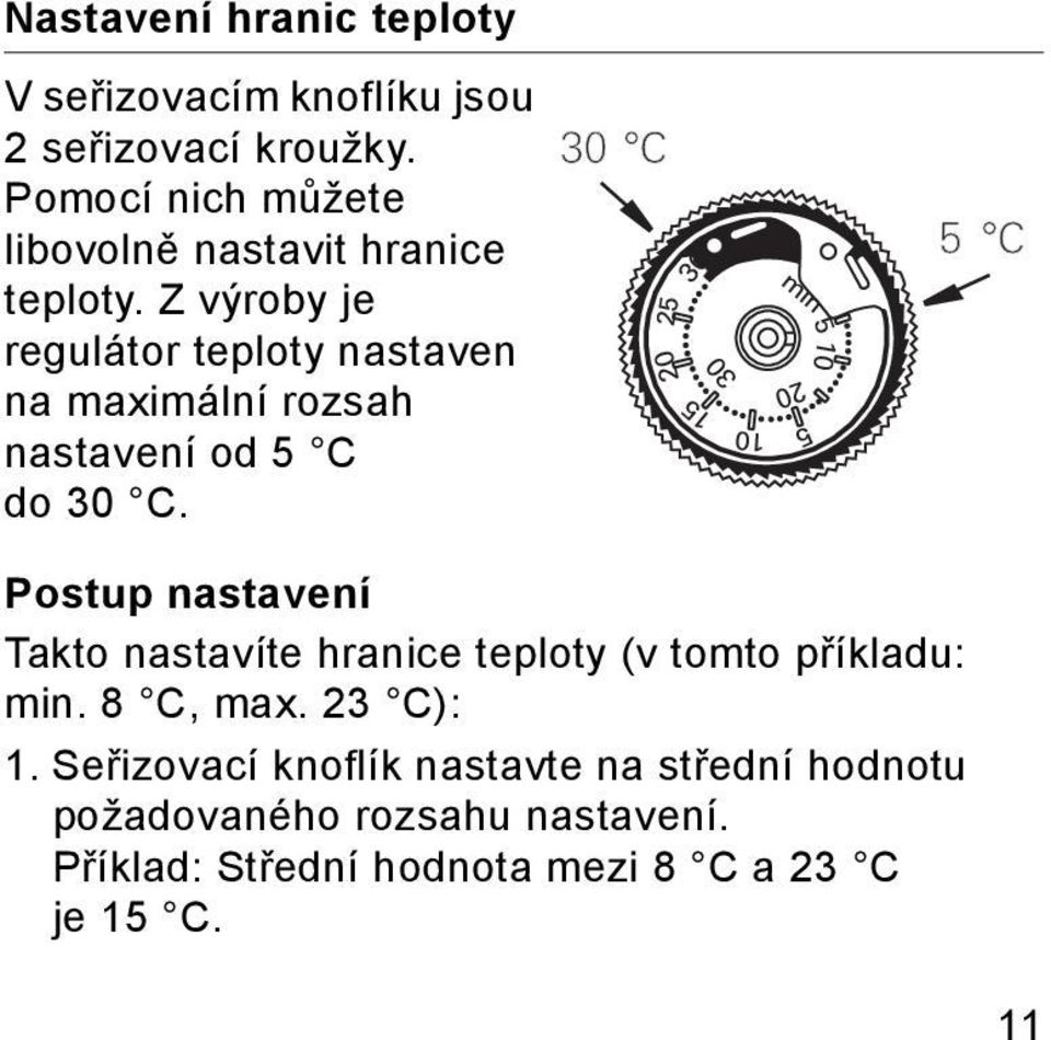 Z výroby je regulátor teploty nastaven na maximální rozsah nastavení od 5 C do 30 C.