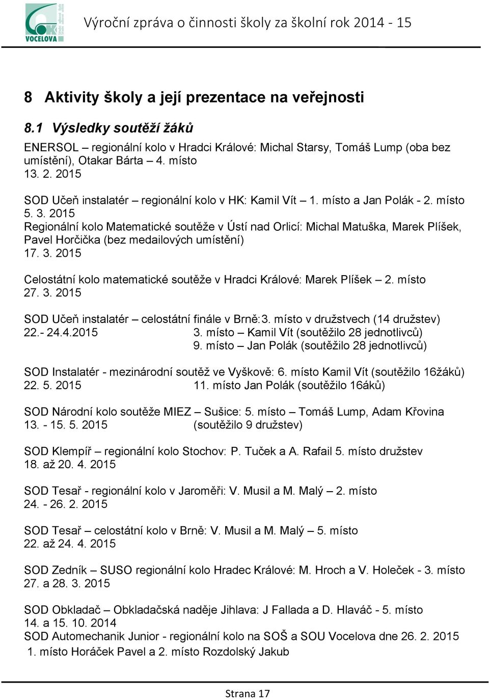 2015 Regionální kolo Matematické soutěže v Ústí nad Orlicí: Michal Matuška, Marek Plíšek, Pavel Horčička (bez medailových umístění) 17. 3.