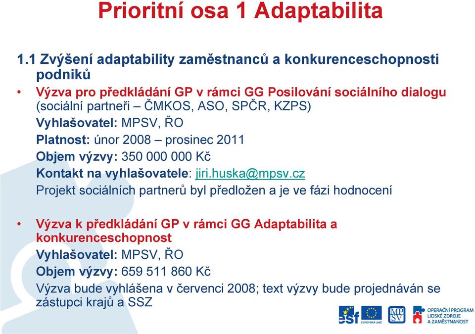 ČMKOS, ASO, SPČR, KZPS) Vyhlašovatel: MPSV, ŘO Platnost: únor 2008 prosinec 2011 Objem výzvy: 350 000 000 Kč Kontakt na vyhlašovatele: jiri.huska@mpsv.