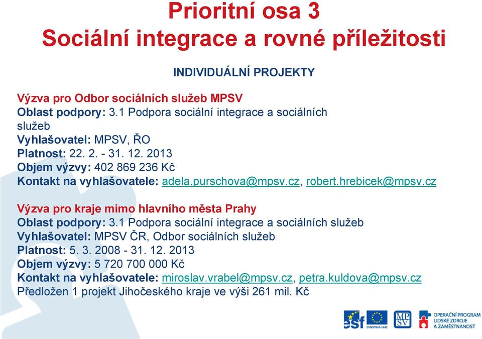 purschova@mpsv.cz, robert.hrebicek@mpsv.cz Výzva pro kraje mimo hlavního města Prahy Oblast podpory: 3.