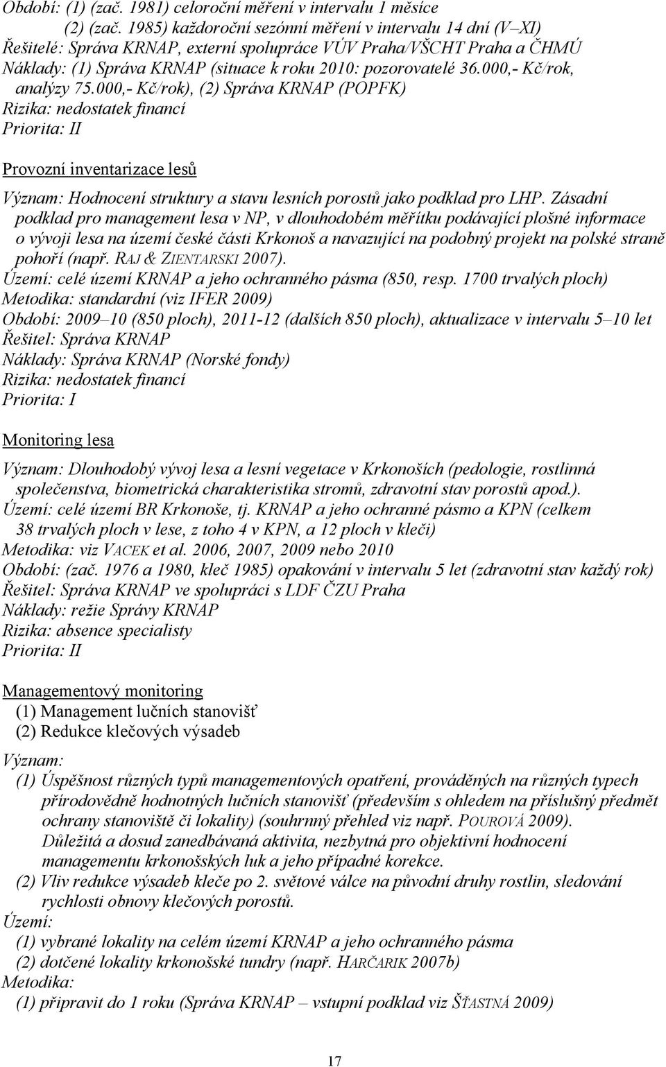 000,- Kč/rok, analýzy 75.000,- Kč/rok), (2) Správa KRNAP (POPFK) Rizika: nedostatek financí I Provozní inventarizace lesů Význam: Hodnocení struktury a stavu lesních porostů jako podklad pro LHP.