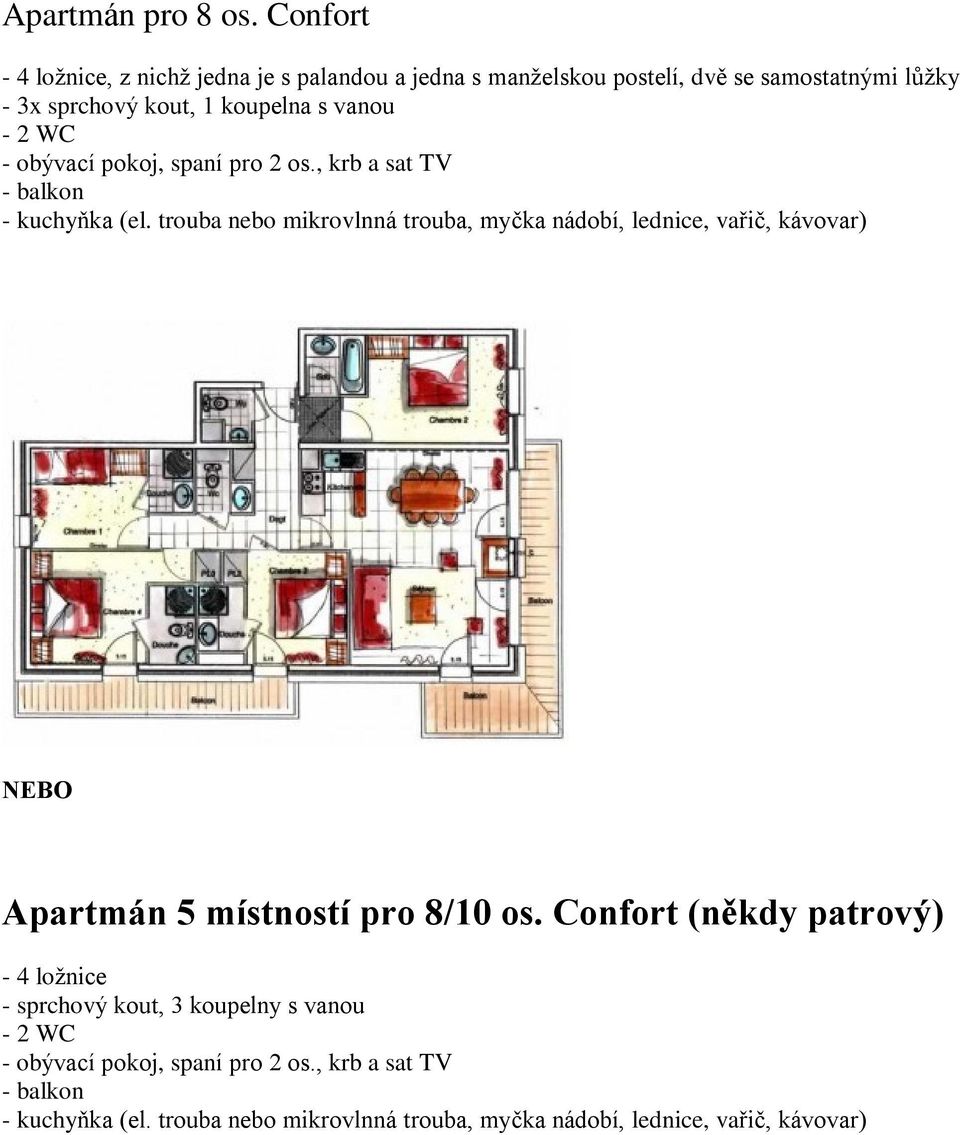 samostatnými lùžky - 3x sprchový kout, 1 koupelna s vanou - 2 WC - obývací pokoj, spaní pro 2