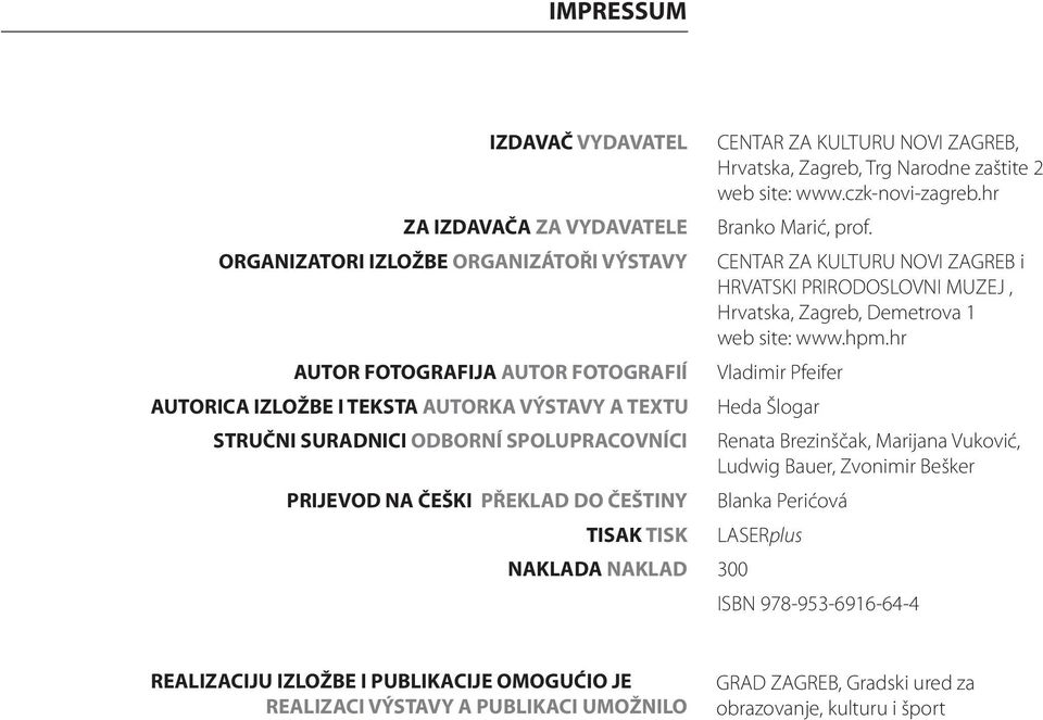 hr AUTOR FOTOGRAFIJA AUTOR FOTOGRAFIÍ Vladimir Pfeifer AUTORICA IZLOŽBE I TEKSTA AUTORKA VÝSTAVY A TEXTU Heda Šlogar STRUČNI SURADNICI ODBORNÍ SPOLUPRACOVNÍCI Renata Brezinščak, Marijana Vuković,