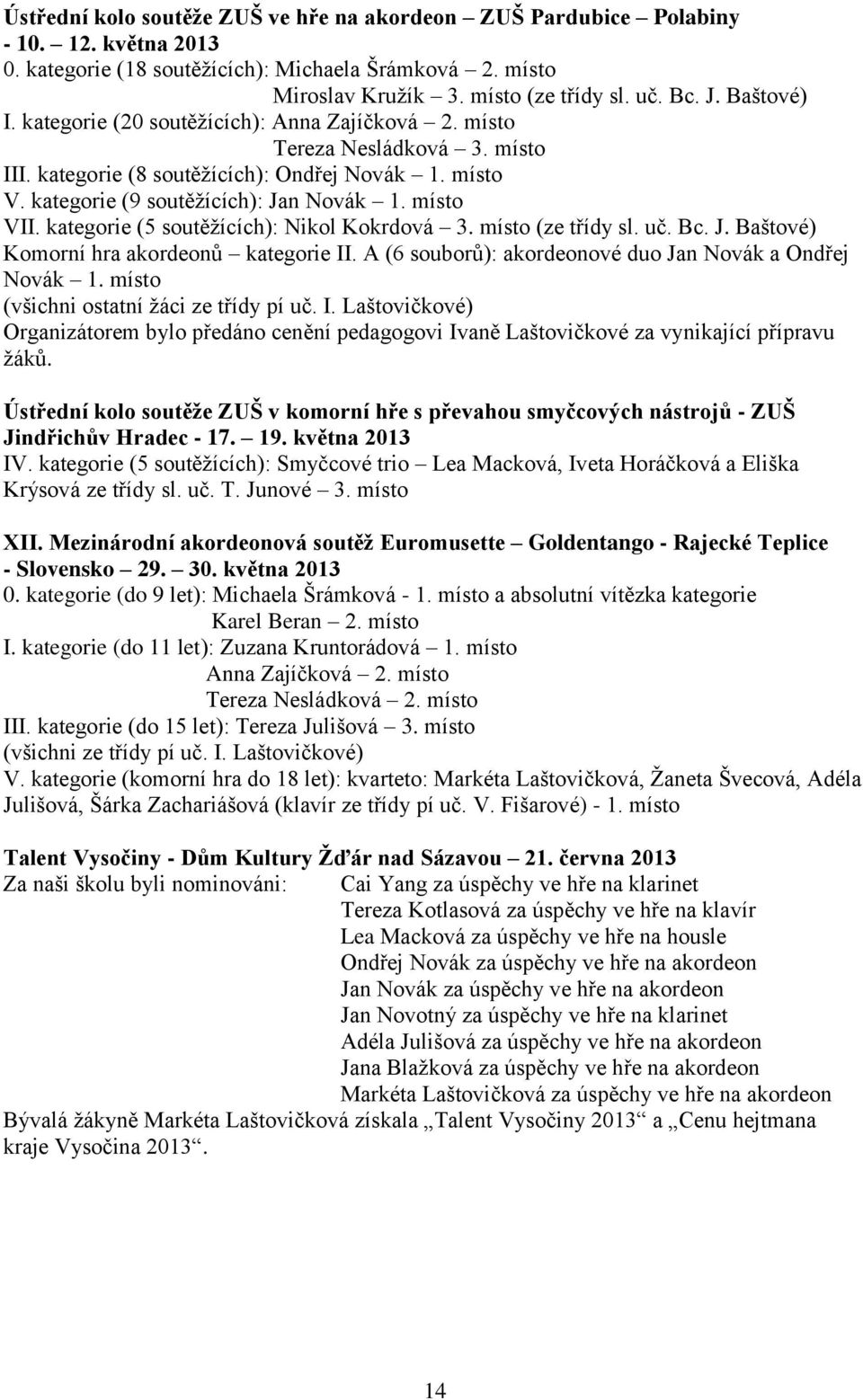 kategorie (5 soutěžících): Nikol Kokrdová 3. místo (ze třídy sl. uč. Bc. J. Baštové) Komorní hra akordeonů kategorie II. A (6 souborů): akordeonové duo Jan Novák a Ondřej Novák 1.