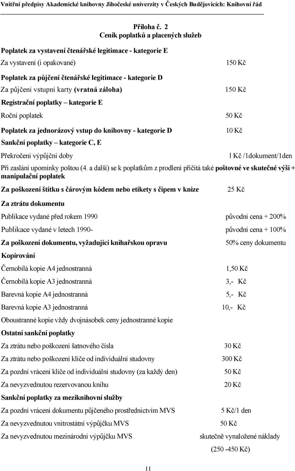 (vratná záloha) Registrační poplatky kategorie E Roční poplatek 150 Kč 150 Kč 50 Kč Poplatek za jednorázový vstup do knihovny - kategorie D Sankční poplatky kategorie C, E Překročení výpůjční doby 10