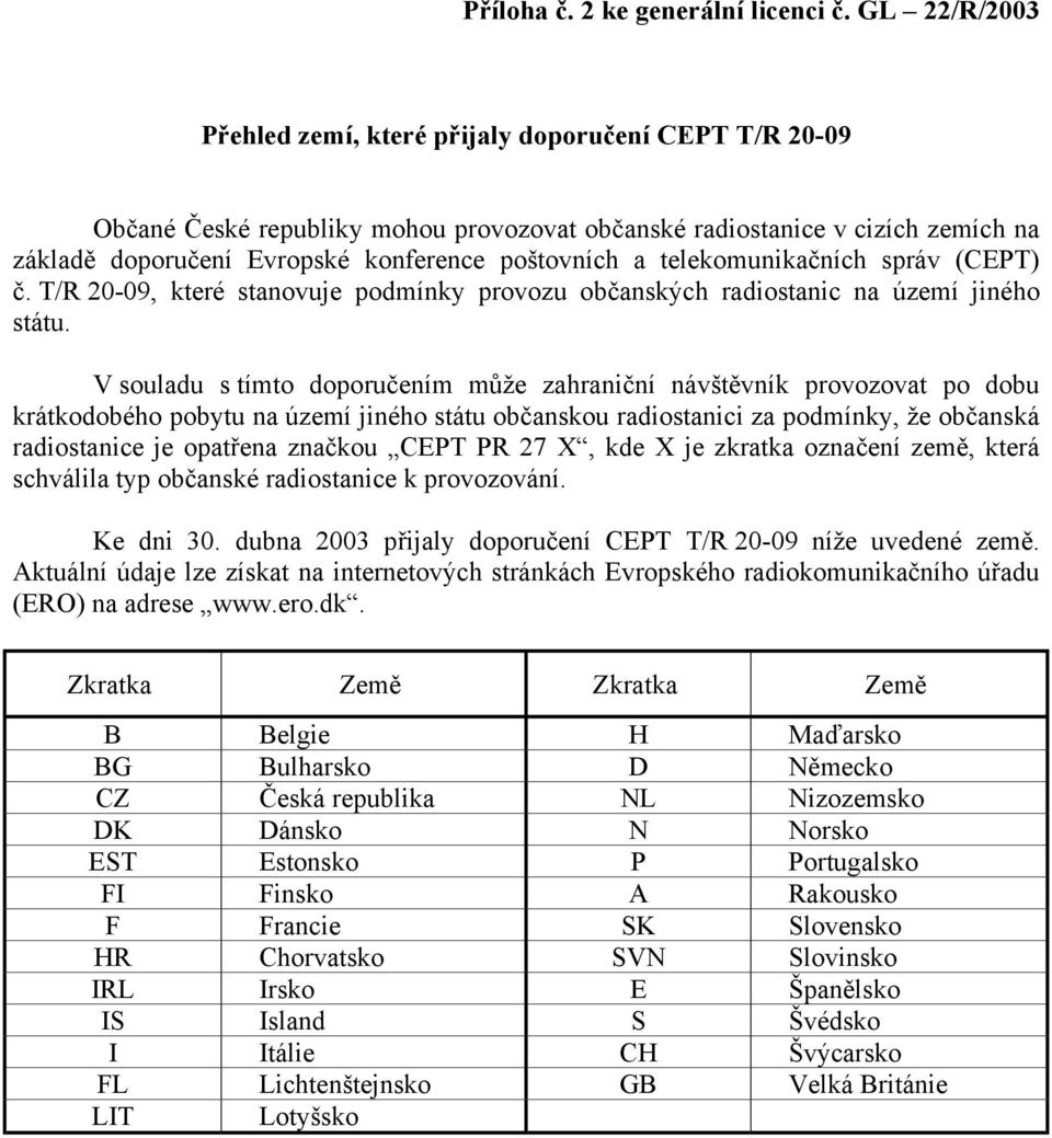 telekomunikačních správ (CEPT) č. T/R 20-09, které stanovuje podmínky provozu občanských radiostanic na území jiného státu.