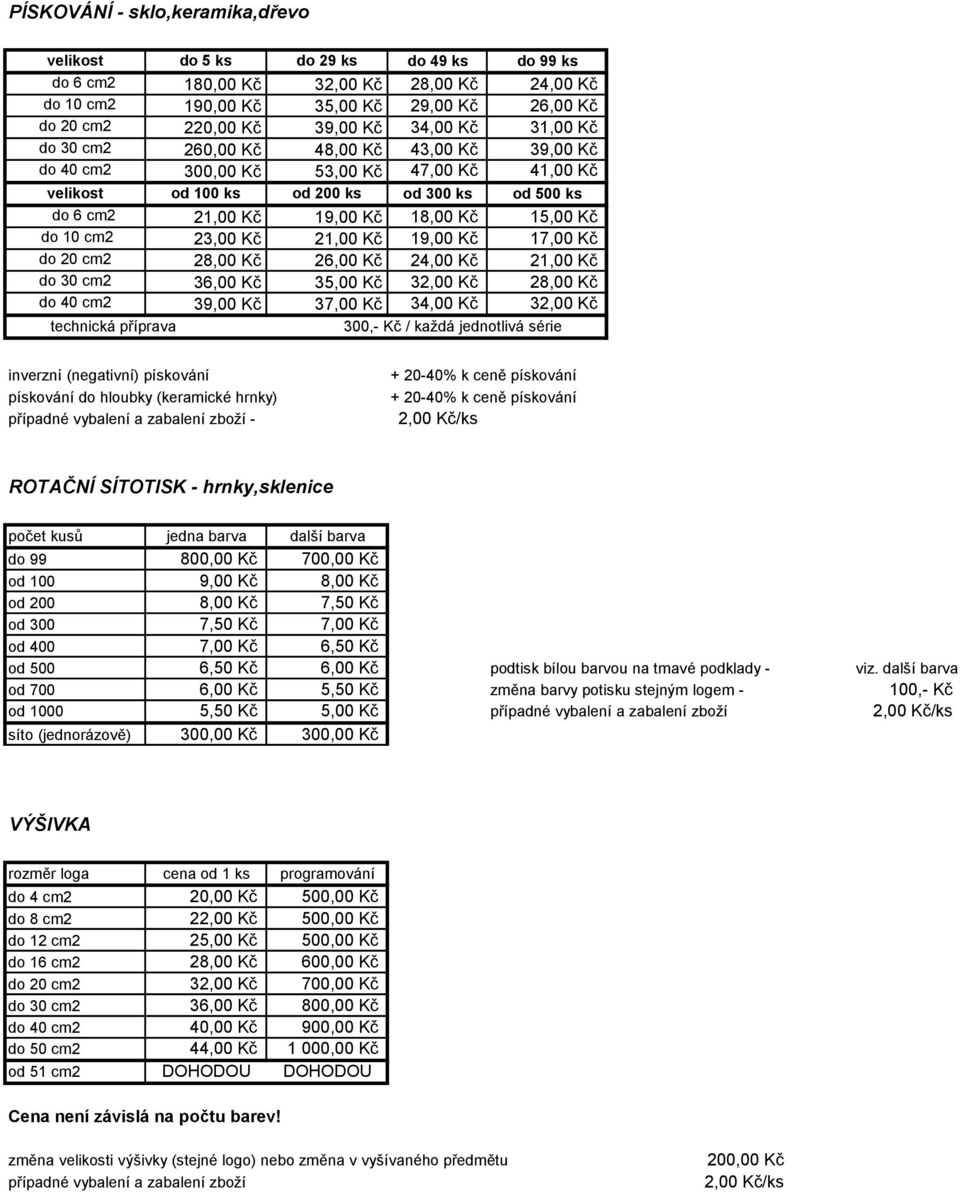 15,00 Kč do 10 cm2 23,00 Kč 21,00 Kč 19,00 Kč 17,00 Kč do 20 cm2 28,00 Kč 26,00 Kč 24,00 Kč 21,00 Kč do 30 cm2 36,00 Kč 35,00 Kč 32,00 Kč 28,00 Kč do 40 cm2 39,00 Kč 37,00 Kč 34,00 Kč 32,00 Kč