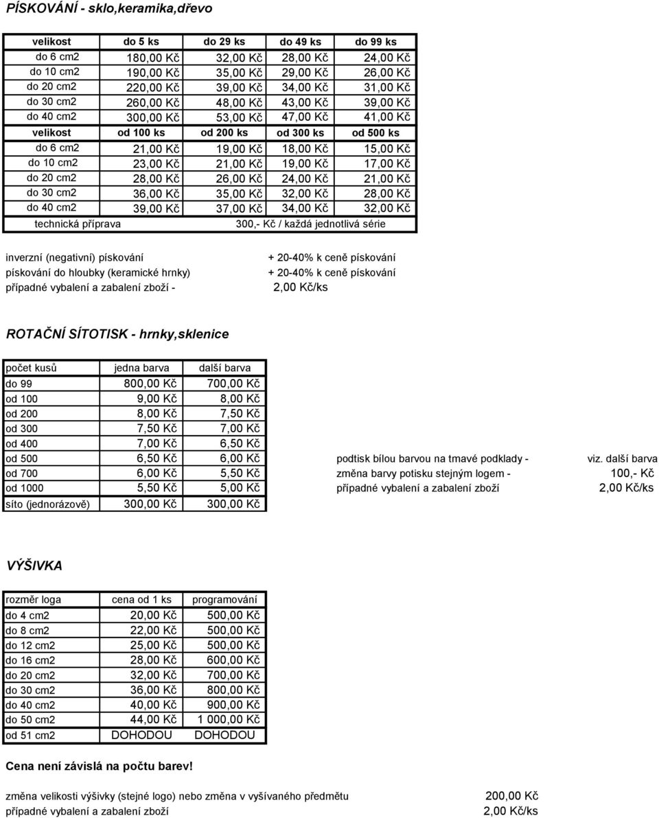 15,00 Kč do 10 cm2 23,00 Kč 21,00 Kč 19,00 Kč 17,00 Kč do 20 cm2 28,00 Kč 26,00 Kč 24,00 Kč 21,00 Kč do 30 cm2 36,00 Kč 35,00 Kč 32,00 Kč 28,00 Kč do 40 cm2 39,00 Kč 37,00 Kč 34,00 Kč 32,00 Kč