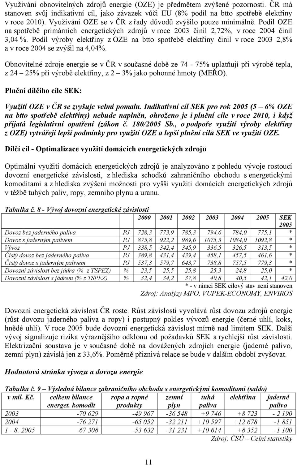Podíl výroby elektřiny z OZE na btto spotřebě elektřiny činil v roce 2003 2,8% a v roce 2004 se zvýšil na 4,04%.