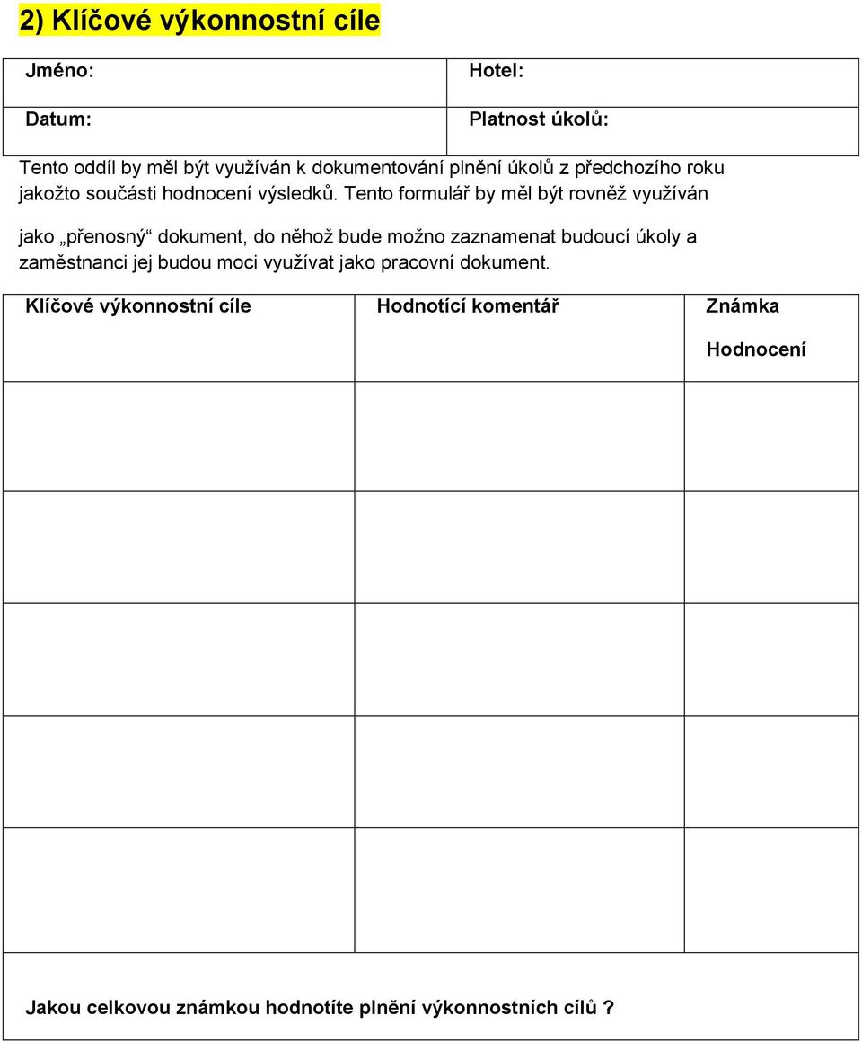 Tento formulář by měl být rovněž využíván jako přenosný dokument, do něhož bude možno zaznamenat budoucí úkoly a