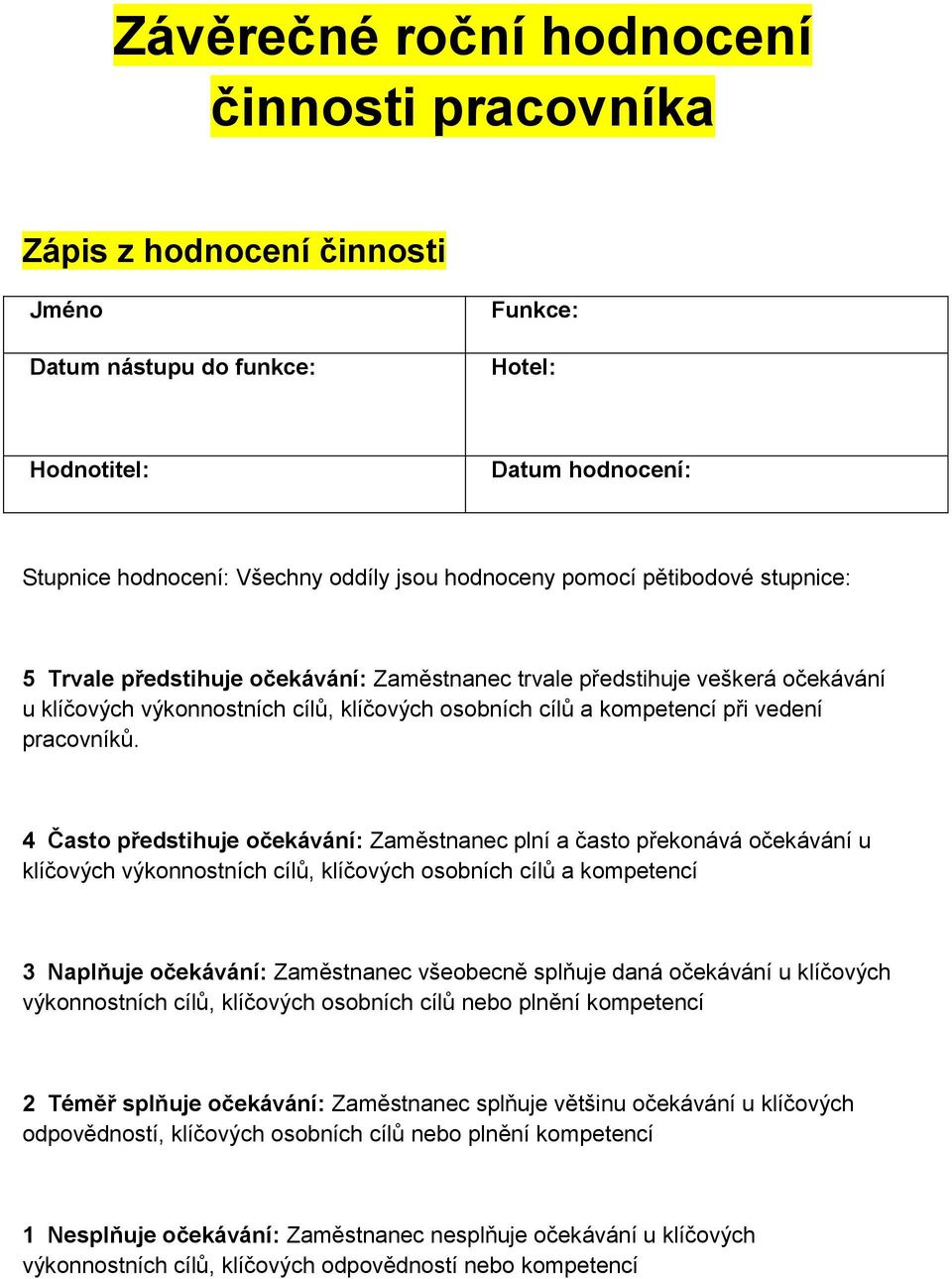 4 Často předstihuje očekávání: Zaměstnanec plní a často překonává očekávání u klíčových výkonnostních cílů, klíčových osobních cílů a kompetencí 3 Naplňuje očekávání: Zaměstnanec všeobecně splňuje