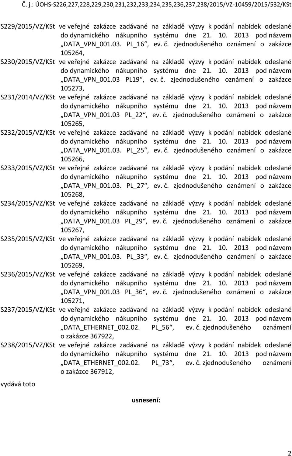 zjednodušeného oznámení o zakázce 105273, S231/2014/VZ/KSt ve veřejné zakázce zadávané na základě výzvy k podání nabídek odeslané DATA_VPN_001.03 PL_22, ev. č.