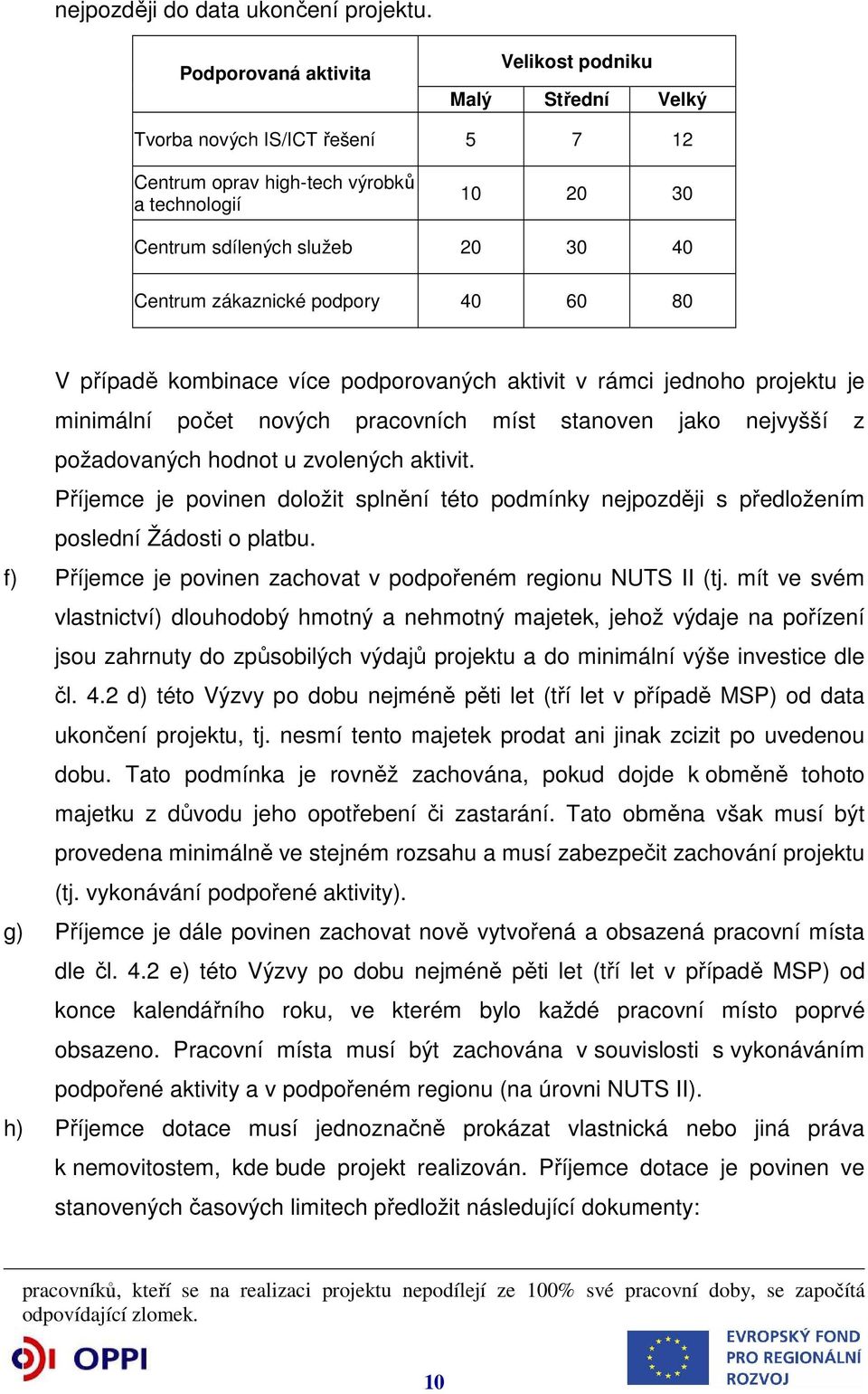 podpory 40 60 80 V případě kombinace více podporovaných aktivit v rámci jednoho projektu je minimální počet nových pracovních míst stanoven jako nejvyšší z požadovaných hodnot u zvolených aktivit.