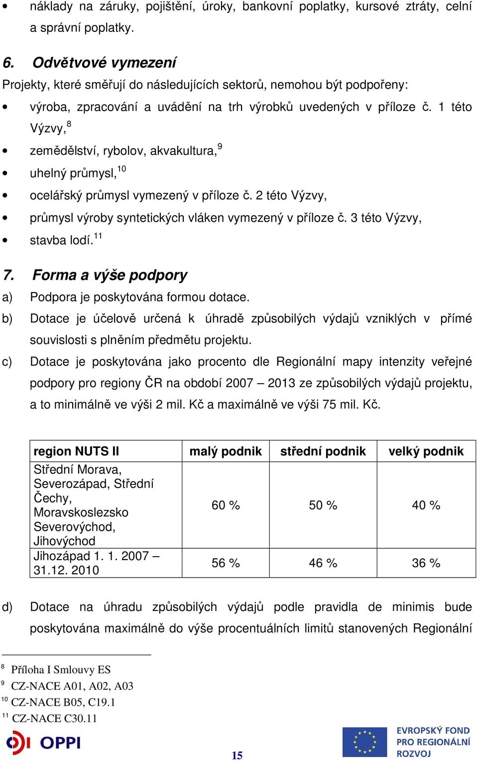 1 této Výzvy, 8 zemědělství, rybolov, akvakultura, 9 uhelný průmysl, 10 ocelářský průmysl vymezený v příloze č. 2 této Výzvy, průmysl výroby syntetických vláken vymezený v příloze č.