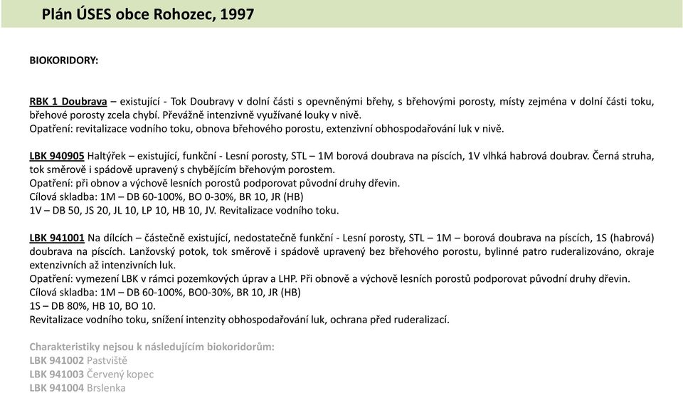 LBK 940905 Haltýřek existující, funkční- Lesní porosty, STL 1M borová doubrava na píscích, 1V vlhká habrová doubrav. Černá struha, tok směrově i spádově upravený s chybějícím břehovým porostem.