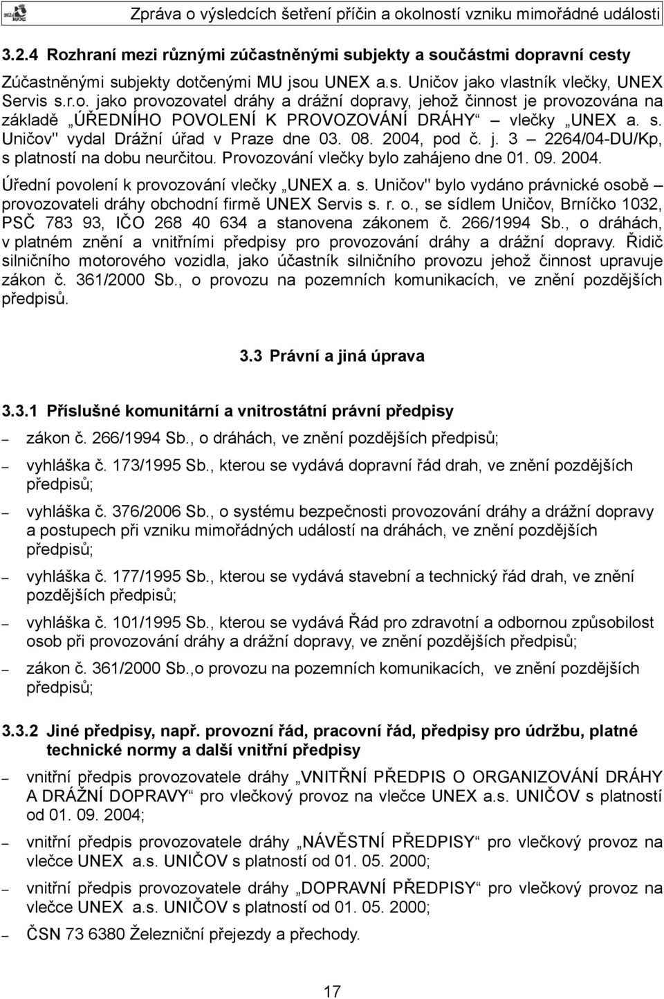 s. Uničov" bylo vydáno právnické osobě provozovateli dráhy obchodní firmě UNEX Servis s. r. o., se sídlem Uničov, Brníčko 1032, PSČ 783 93, IČO 268 40 634 a stanovena zákonem č. 266/1994 Sb.