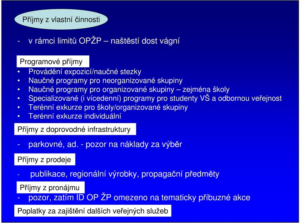 školy/organizované skupiny Terénní exkurze individuální Příjmy z doprovodné infrastruktury - parkovné, ad.