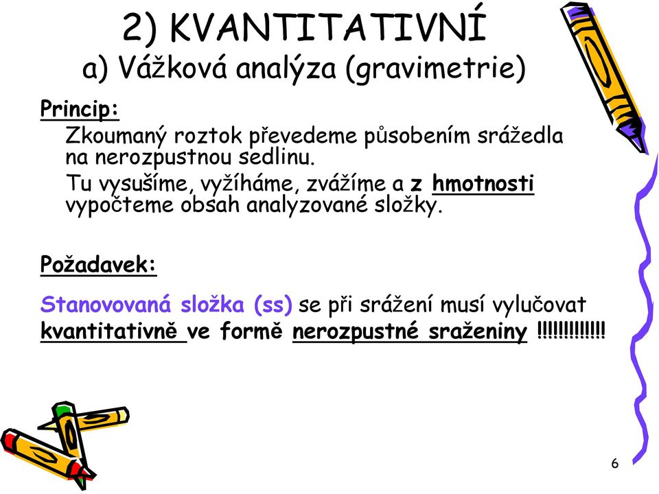 Tu vysušíme, vyžíháme, zvážíme a z hmotnosti vypočteme obsah analyzované složky.