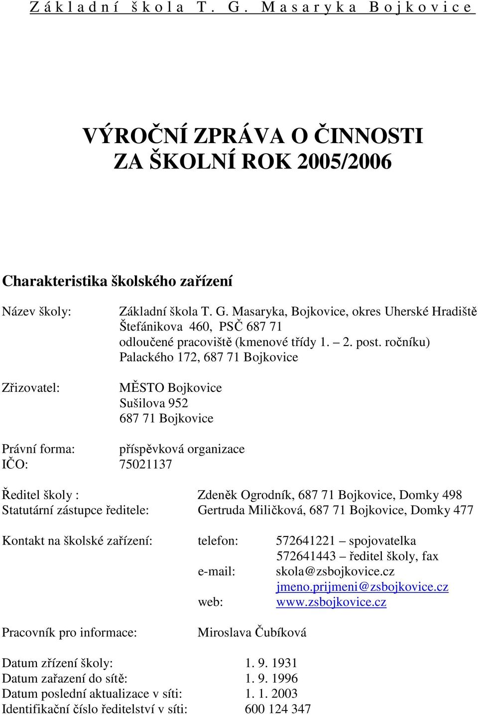 ročníku) Palackého 172, 687 71 Bojkovice MĚSTO Bojkovice Sušilova 952 687 71 Bojkovice Právní forma: příspěvková organizace IČO: 75021137 Ředitel školy : Zdeněk Ogrodník, 687 71 Bojkovice, Domky 498