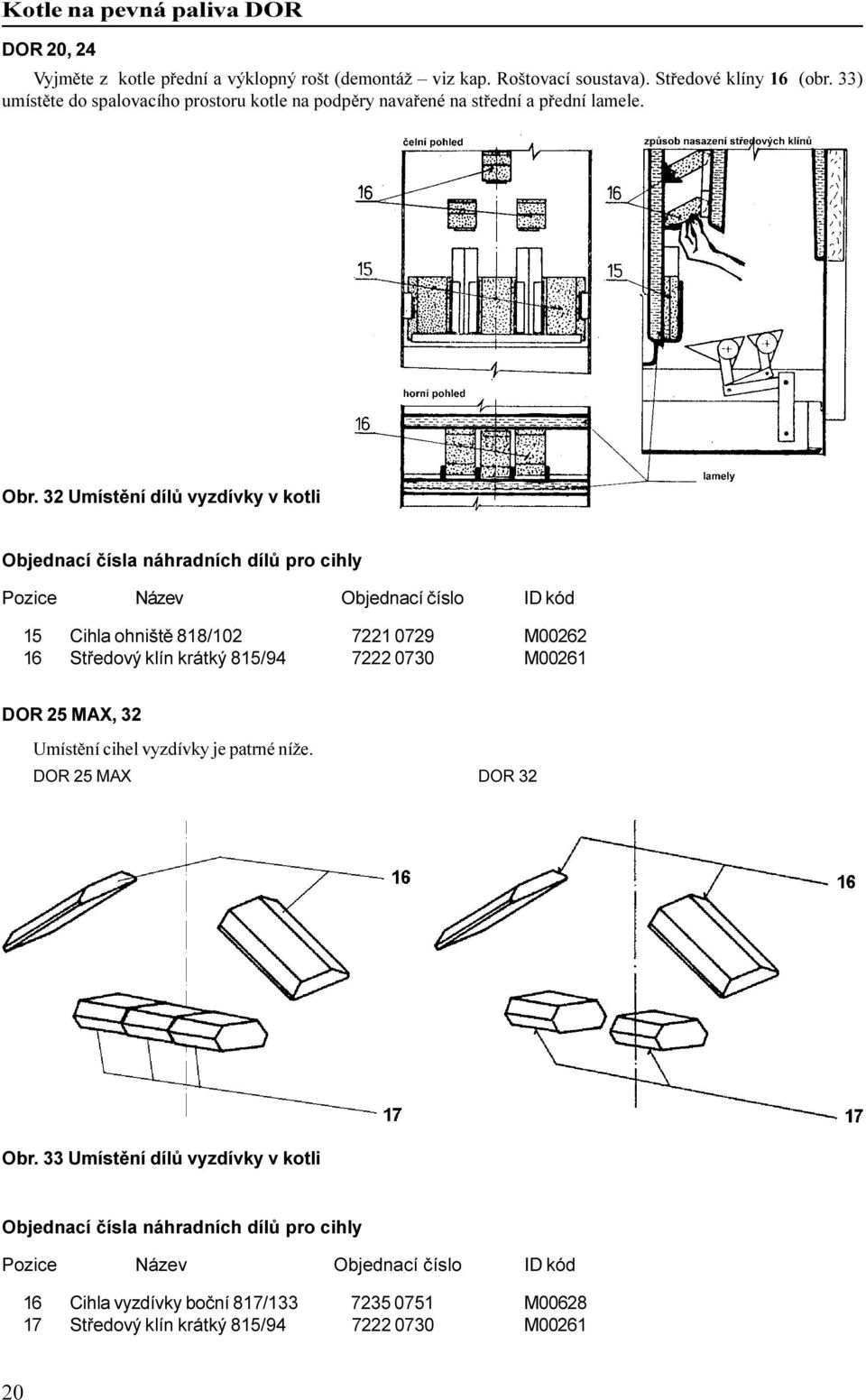 32 Umístìní dílù vyzdívky v kotli Objednací èísla náhradních dílù pro cihly Pozice Název Objednací èíslo ID kód 15 Cihla ohništì 818/102 7221 0729 M00262 16 Støedový klín