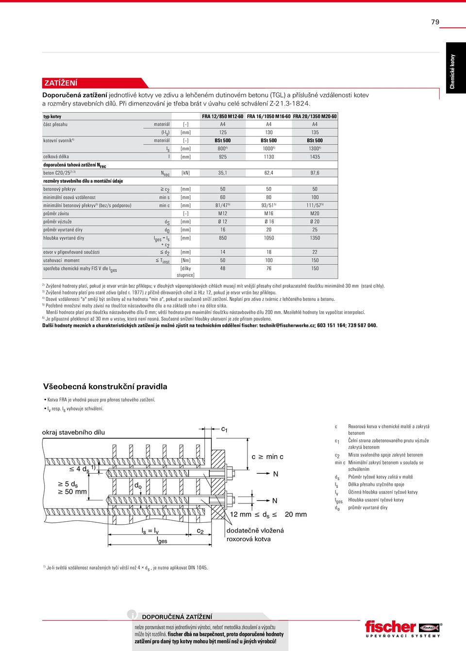 kotvy FRA 12/850 M12-60 FRA 16/1050 M16-60 FRA 20/1350 M20-60 část přesahu materiál [ ] A4 A4 A4 (l-l s ) [mm] 125 130 135 kotevní svorník 4) materiál [ ] BSt 500 BSt 500 BSt 500 l s [mm] 800 4) 1000