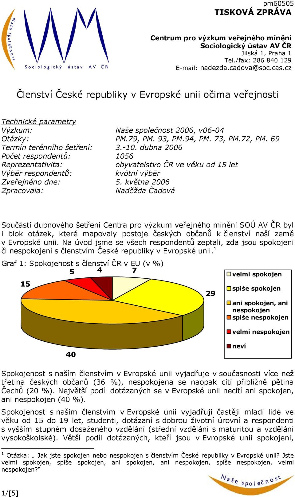 -10. dubna 2006 Počet respondentů: 1056 Reprezentativita: obyvatelstvo ČR ve věku od 15 let Výběr respondentů: kvótní výběr Zveřejněno dne: 5.
