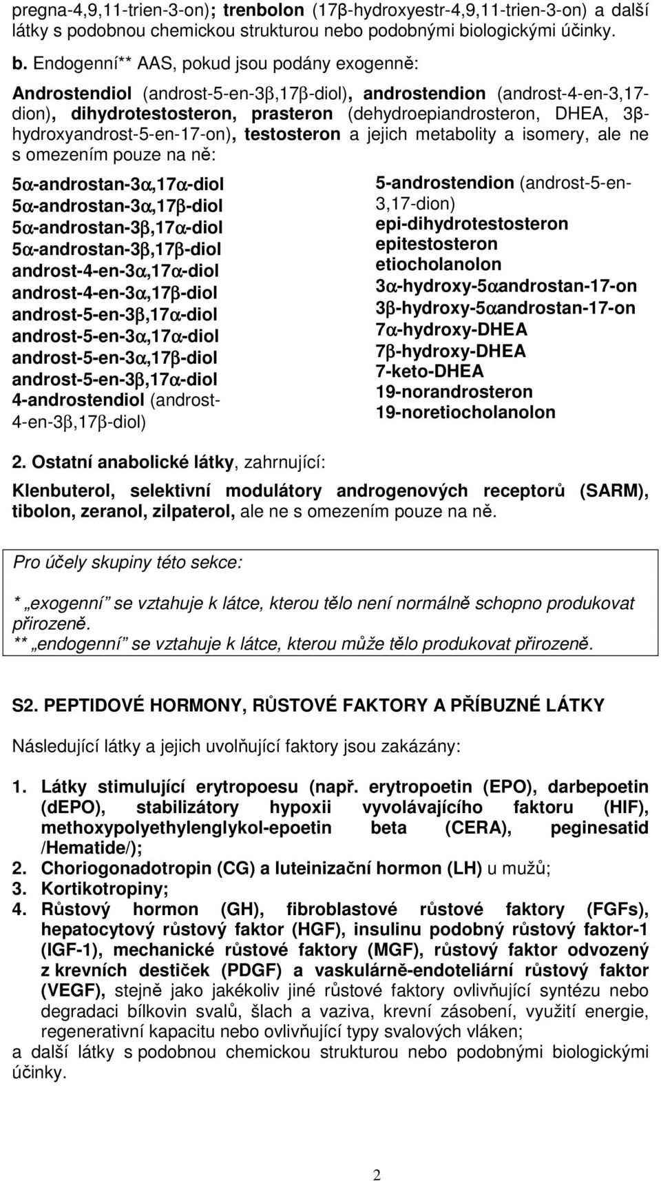Endogenní** AAS, pokud jsou podány exogenně: Androstendiol (androst-5-en-3β,17β-diol), androstendion (androst-4-en-3,17- dion), dihydrotestosteron, prasteron (dehydroepiandrosteron, DHEA,