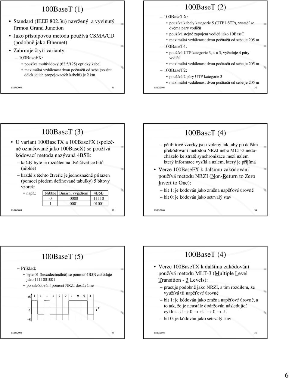 5/125) optický kabel maximální vzdálenost dvou počítačů od sebe (součet délek jejich propojovacích kabelů) je 2 km 11/10/2004 31 100BaseT (2) 100BaseTX: používá kabely kategorie 5 (UTP i STP),