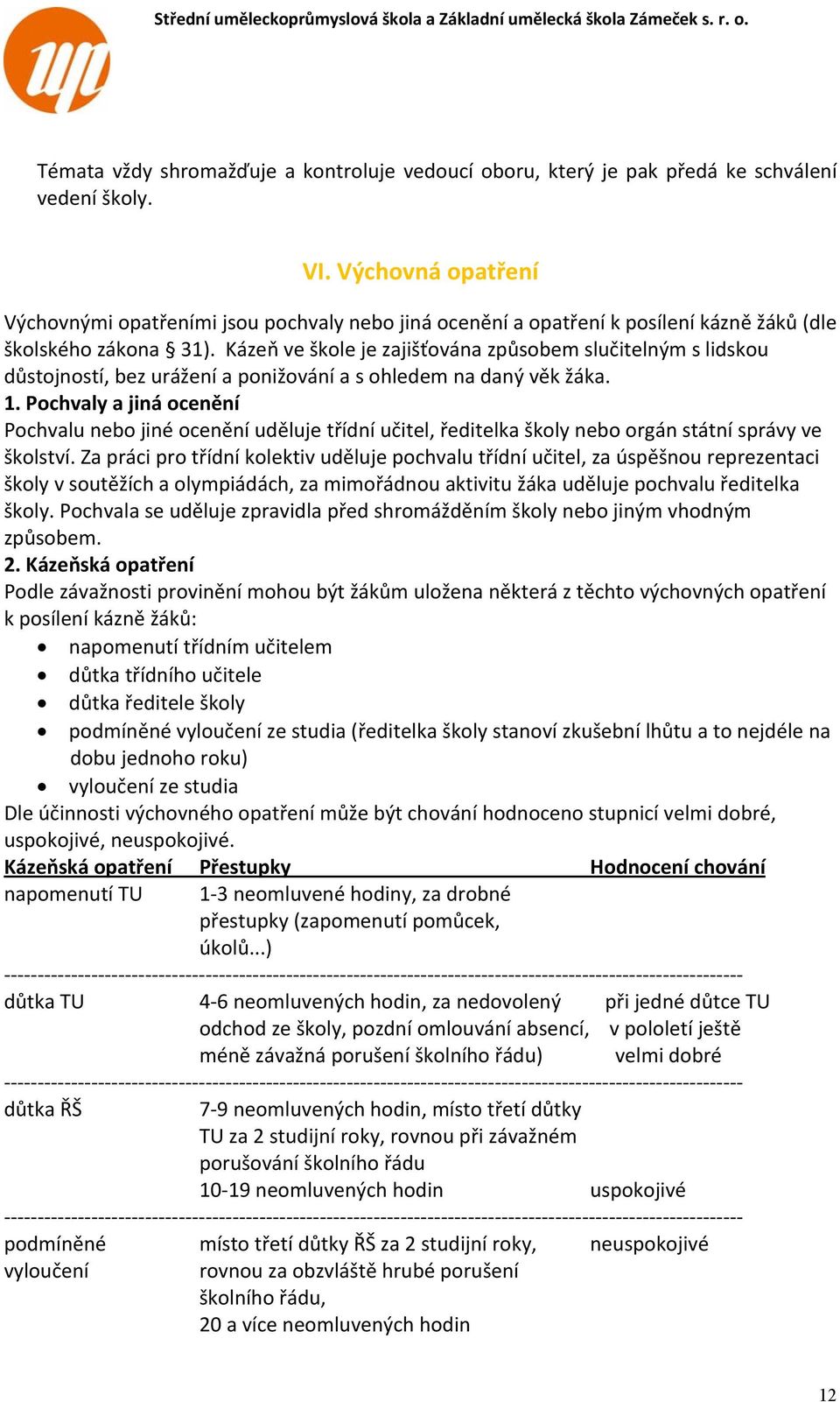 Kázeň ve škole je zajišťována způsobem slučitelným s lidskou důstojností, bez urážení a ponižování a s ohledem na daný věk žáka. 1.