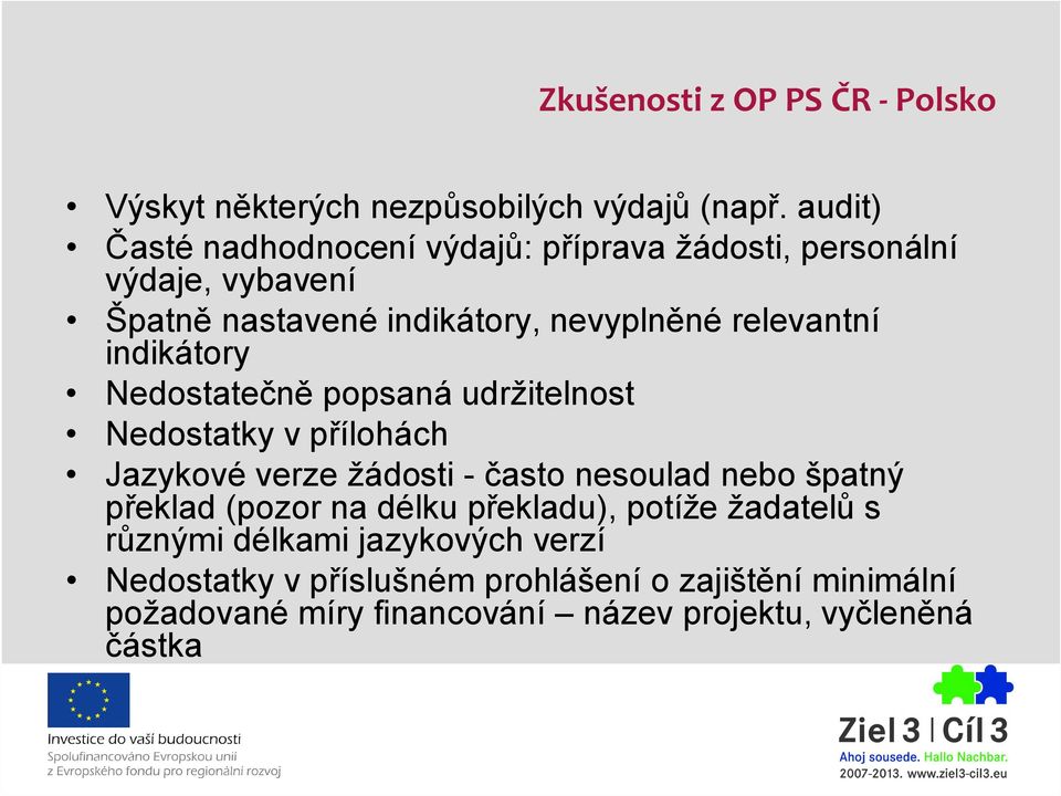 indikátory Nedostatečně popsaná udržitelnost Nedostatky v přílohách Jazykové verze žádosti - často nesoulad nebo špatný překlad