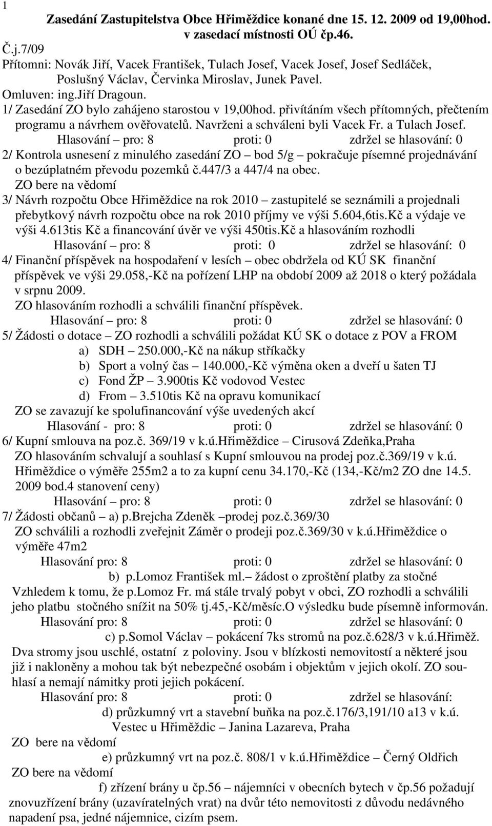 1/ Zasedání ZO bylo zahájeno starostou v 19,00hod. přivítáním všech přítomných, přečtením programu a návrhem ověřovatelů. Navrženi a schváleni byli Vacek Fr. a Tulach Josef.