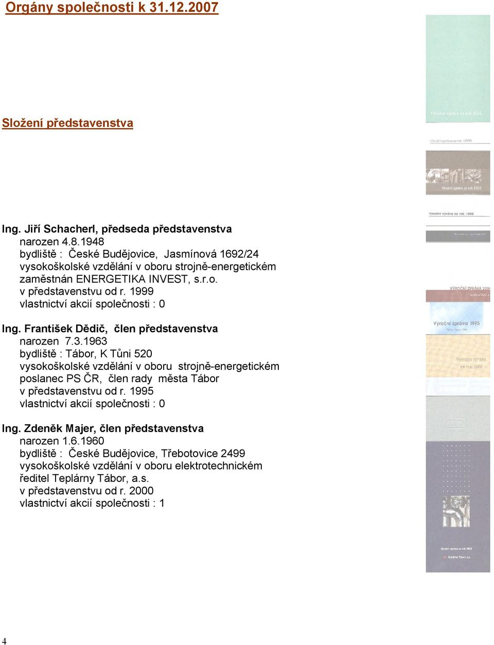 1999 vlastnictví akcií společnosti : 0 Ing. František Dědič, člen představenstva narozen 7.3.