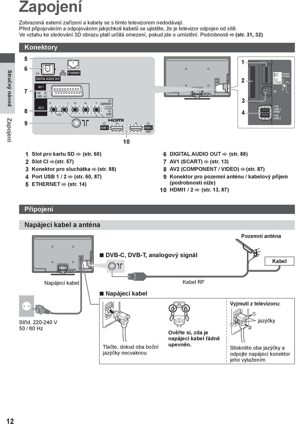60) 2 Slot CI (str. 57) 3 Konektor pro sluchátka (str. 88) 4 Port USB 1 / 2 (str. 60, 87) 5 ETHERNET (str. 14) 6 DIGITAL AUDIO OUT (str. 88) 7 AV1 (SCART) (str. 13) 8 AV2 (COMPONENT / VIDEO) (str.