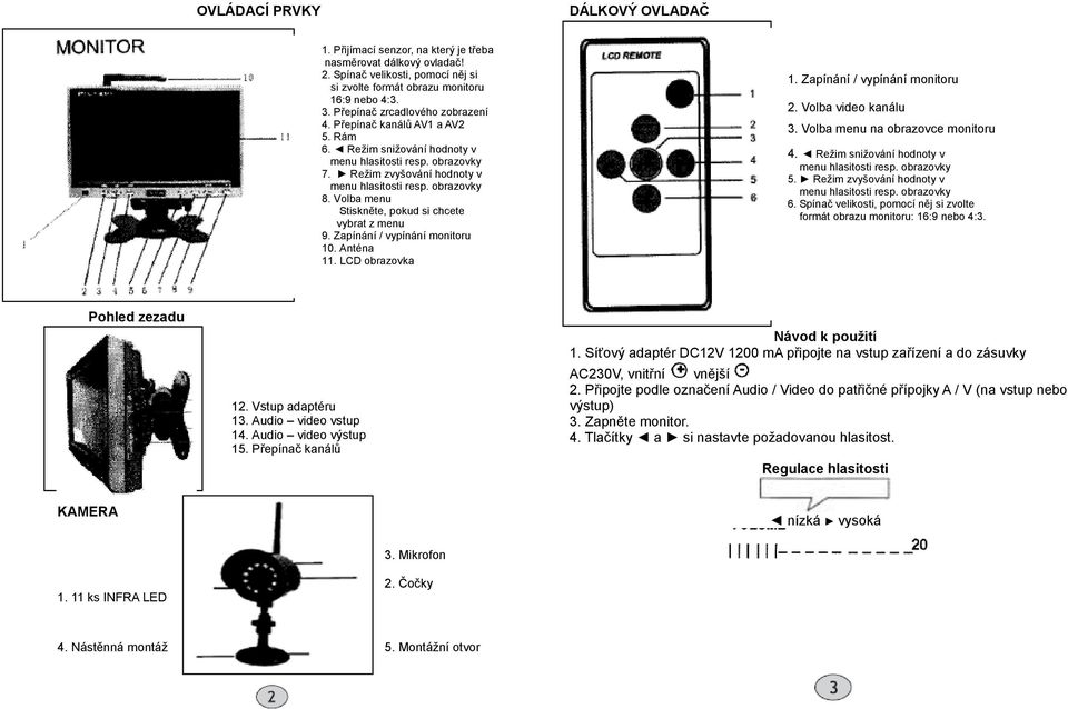 Zapínání / vypínání monitoru 10. Anténa 11. LCD obrazovka 1. Zapínání / vypínání monitoru 2. Volba video kanálu 3. Volba menu na obrazovce monitoru 4. Režim snižování hodnoty v 5.