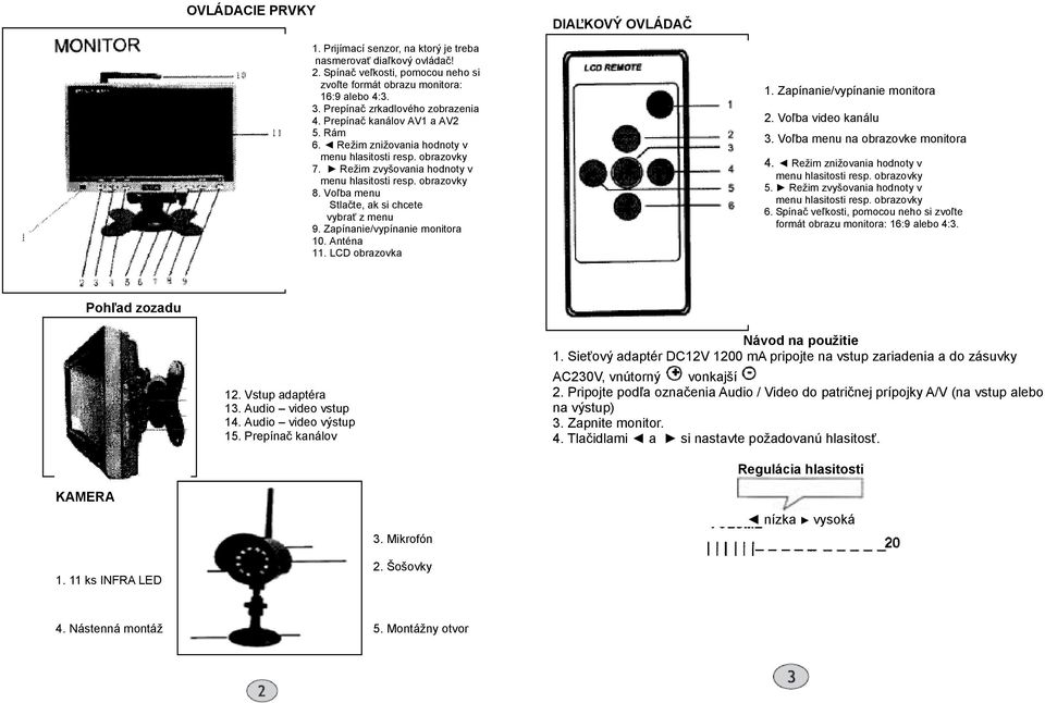 Zapínanie/vypínanie monitora 10. Anténa 11. LCD obrazovka 1. Zapínanie/vypínanie monitora 2. Voľba video kanálu 3. Voľba menu na obrazovke monitora 4. Režim znižovania hodnoty v 5.