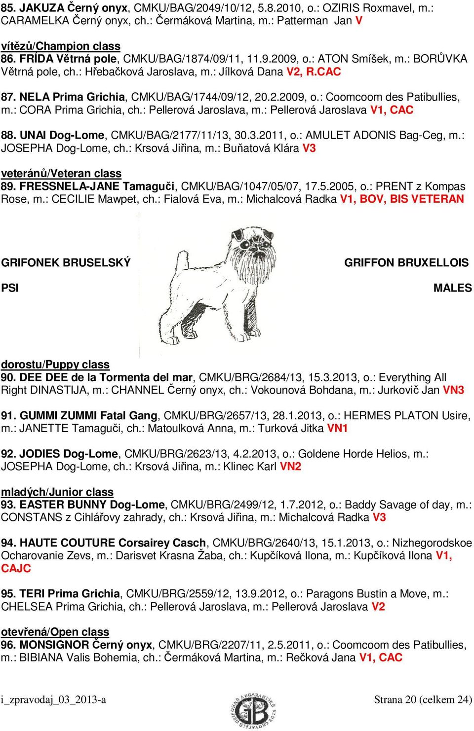 : CORA Prima Grichia, ch.: Pellerová Jaroslava, m.: Pellerová Jaroslava V1, CAC 88. UNAI Dog-Lome, CMKU/BAG/2177/11/13, 30.3.2011, o.: AMULET ADONIS Bag-Ceg, m.: JOSEPHA Dog-Lome, ch.