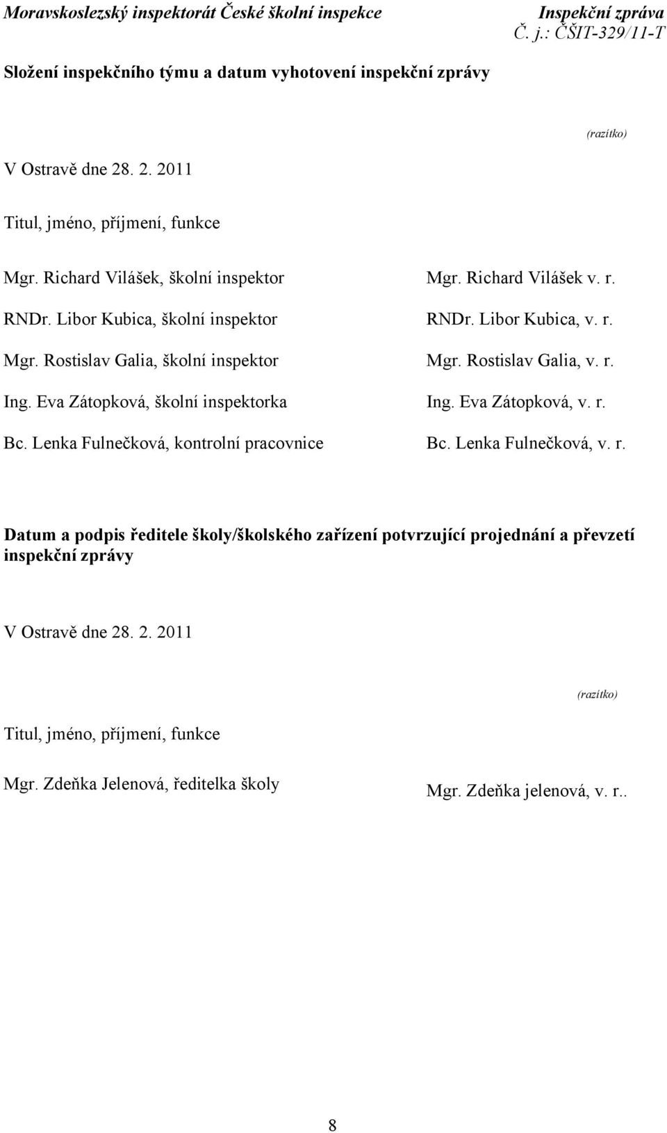 r. Ing. Eva Zátopková, v. r. Bc. Lenka Fulnečková, kontrolní pracovnice Bc. Lenka Fulnečková, v. r. Datum a podpis ředitele školy/školského zařízení potvrzující projednání a převzetí inspekční zprávy V Ostravě dne 28.