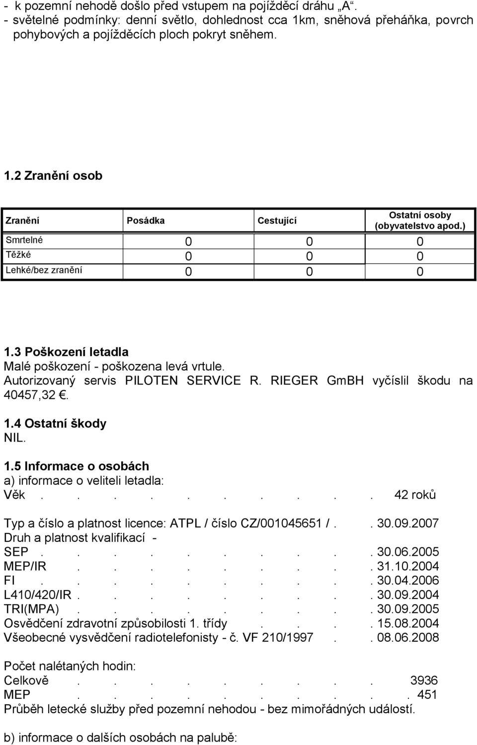 5 Informace o osobách a) informace o veliteli letadla: Věk.......... 42 roků Typ a číslo a platnost licence: ATPL / číslo CZ/001045651 /.. 30.09.2007 Druh a platnost kvalifikací - SEP.......... 30.06.